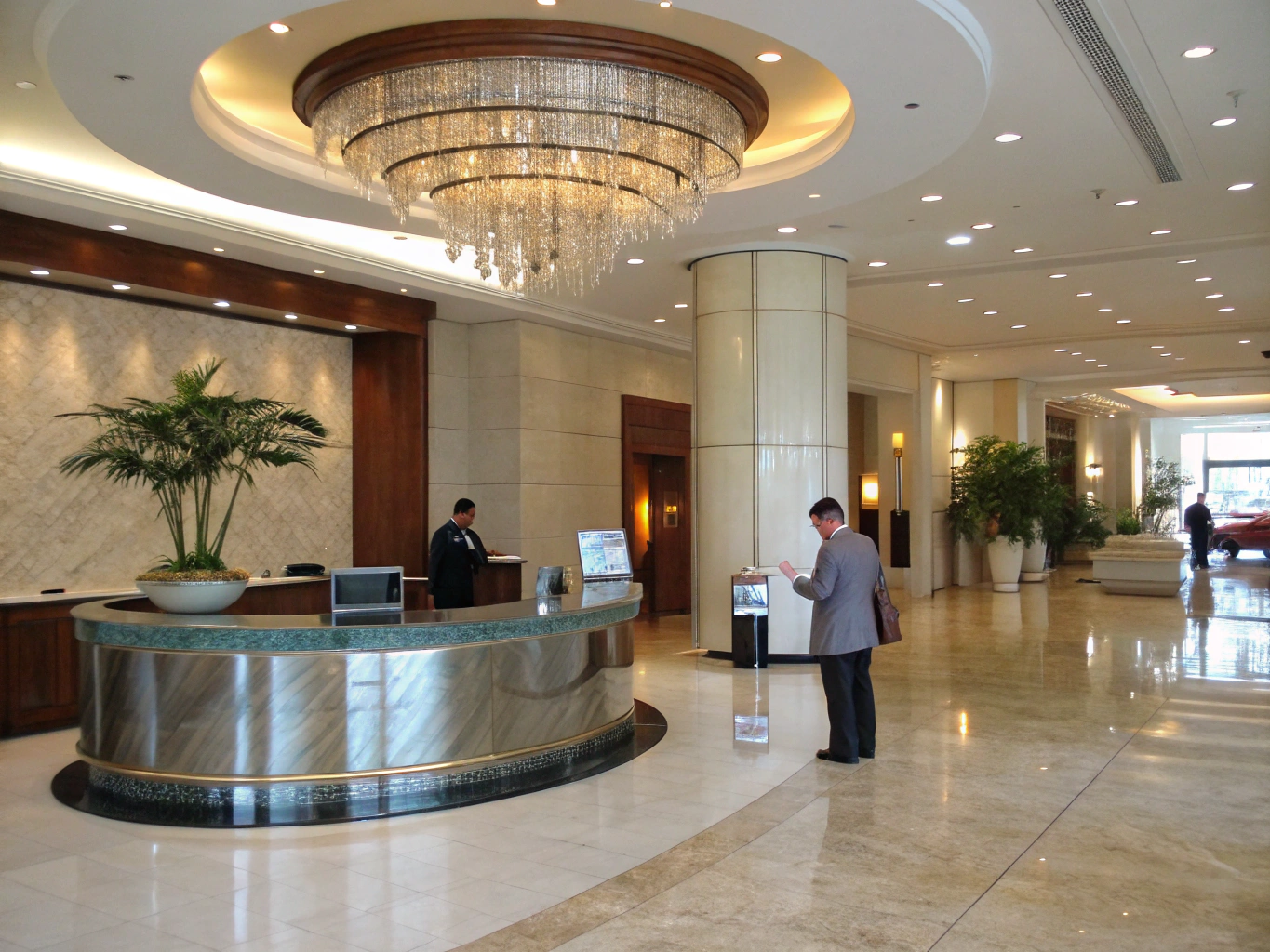 Luxury hotel lobby with technical blue heat map overlay